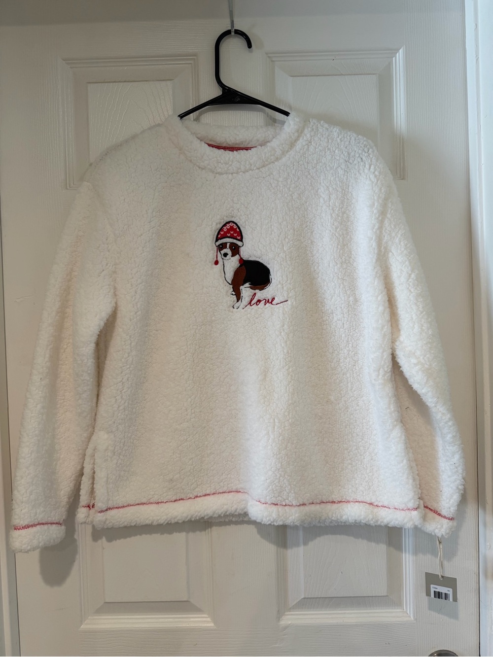 Ellen Degeneres White Plush Crewneck Sweater with Embroidered Dog